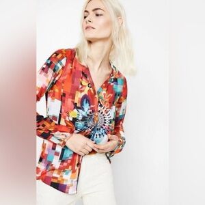 Desigual Colorful Pixelated Floral Print Camilia Sz XXL LongSleeve RollUp Blouse